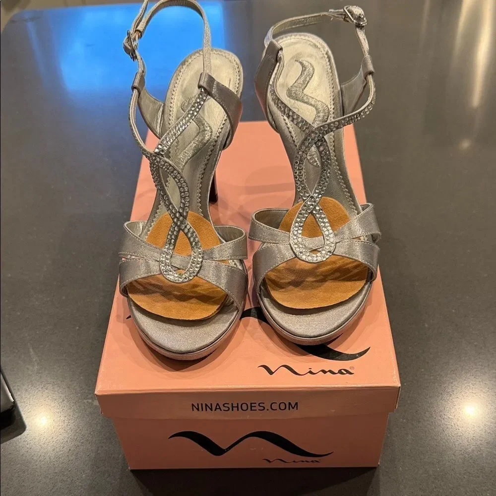 Nina Shimmering Silver Strappy Heels